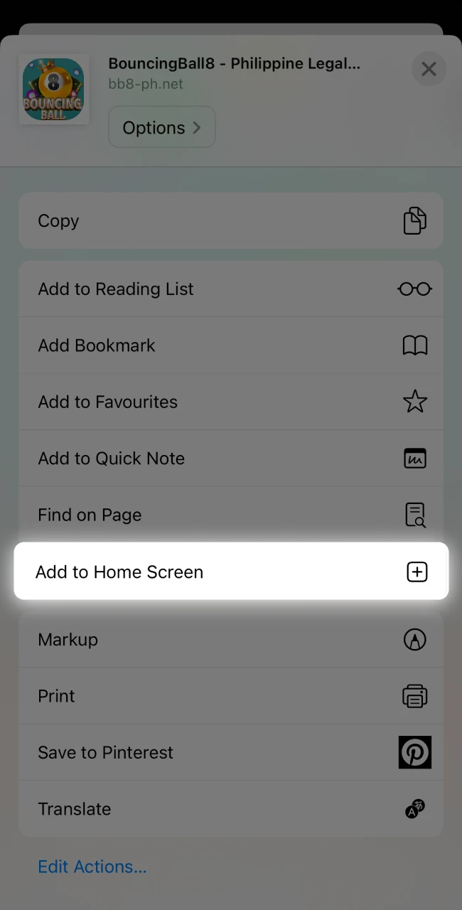 Choose the “Add to Home Screen” option to place a shortcut to BouncingBall8 on your device.