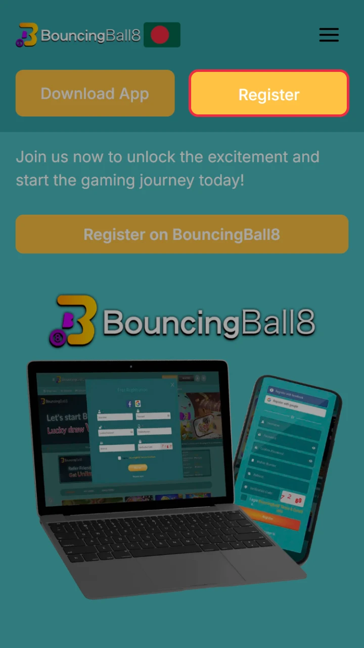 Click Register on BouncingBall8 website to begin sign-up.